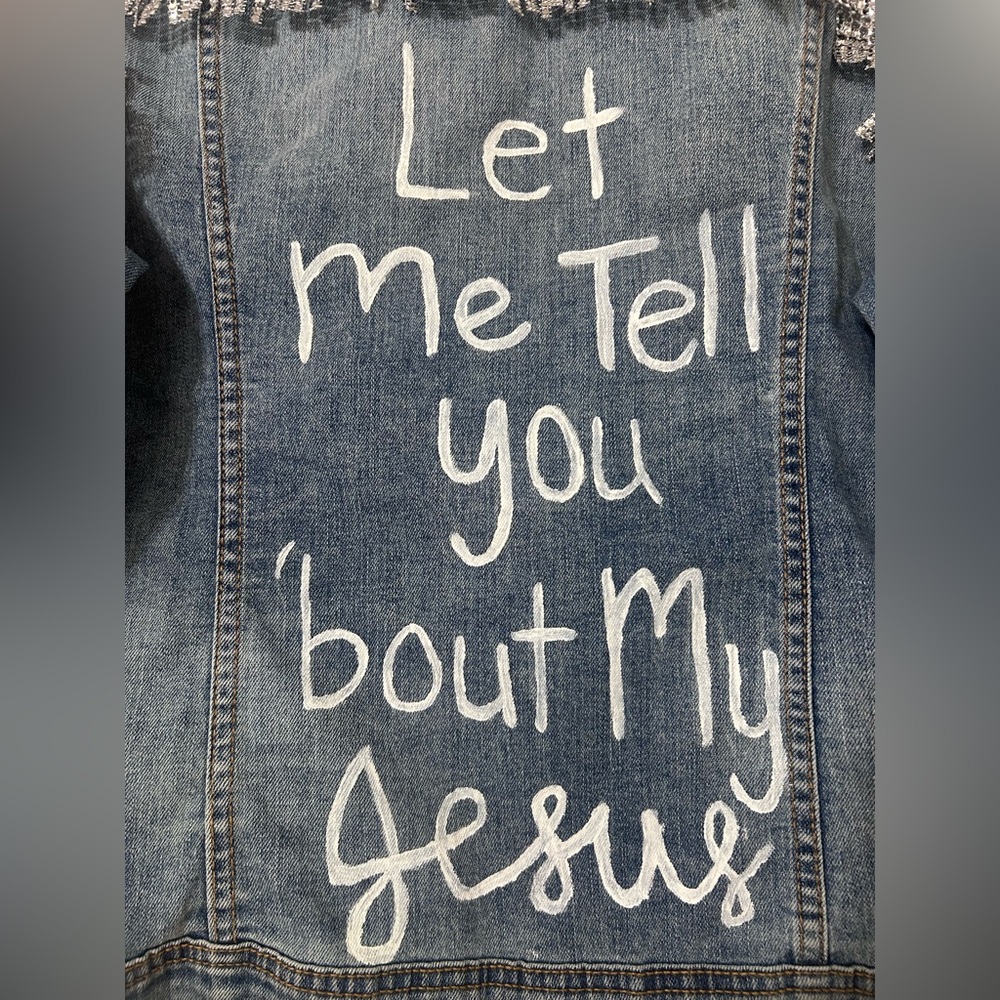 Upcycled Denim Jean Jacket XL Rhinestone Fringe Let Me Tell You ’Bout My Jesus - Picture 7 of 8